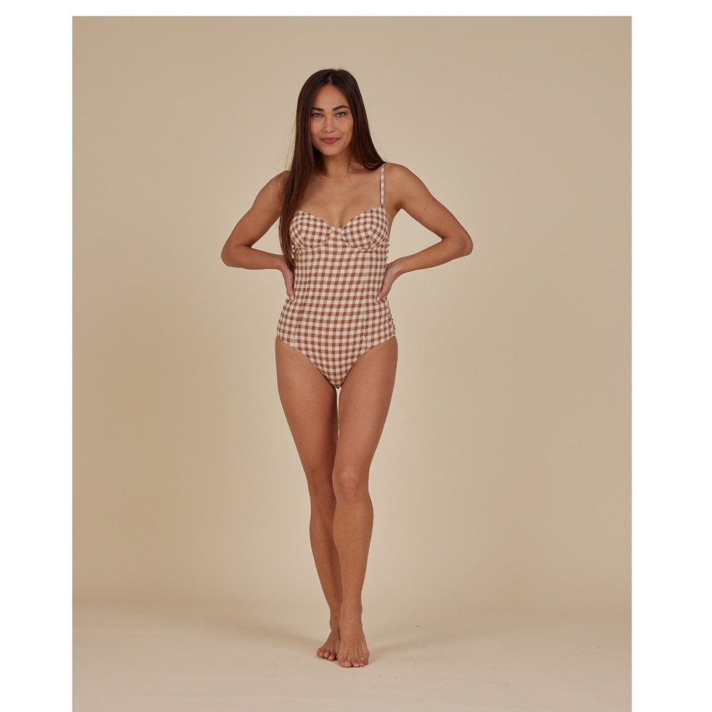 Checked One-Piece Swimsuit Beige - Size L